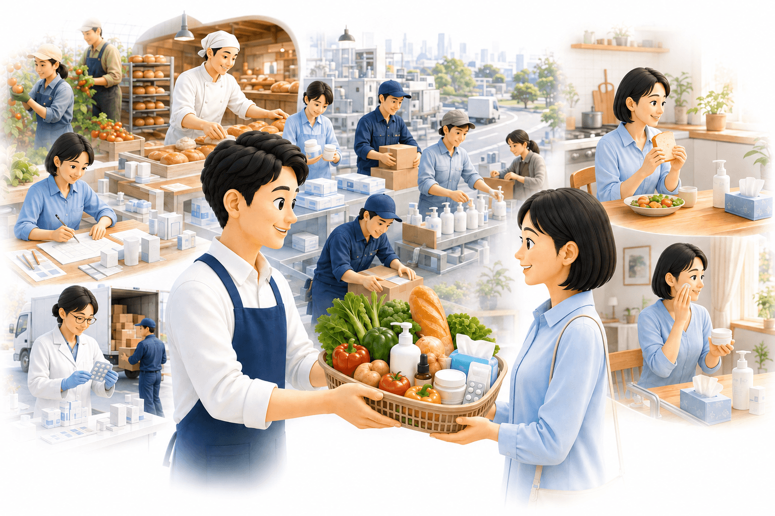 食品・化粧品・日用品・医薬品を笑顔で手渡す売り手と女性。背後に暮らしを支える多様な作り手と、その女性の日常が広がるイメージ(AI生成)