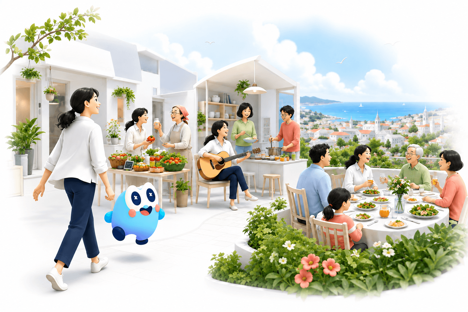 ミッケちゃんと人が、出会いや趣味、人と分かち合う時間が広がる鮮やかな世界へ向かうイメージ(AI生成)